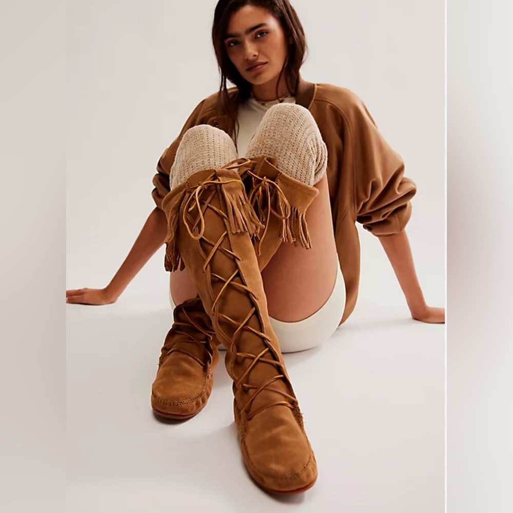 Pocahontas Halloween costume dress Minnetonka knee high suede boots